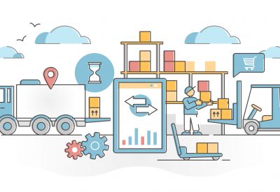 Inventory management work with logistics in goods warehouse outline concept. Distribution chain organization process occupation with production supply flow in stock and shops vector illustration.